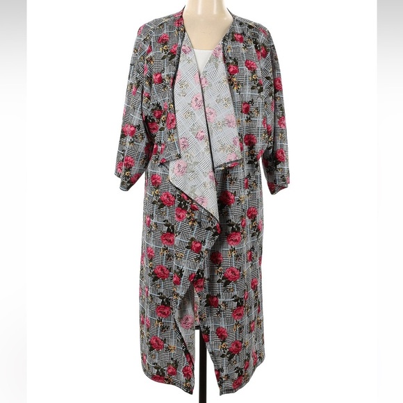 LuLaRoe Floral Black Plaid Shirley Open-Front Long Kimono Duster Cardigan Size L - Picture 1 of 6